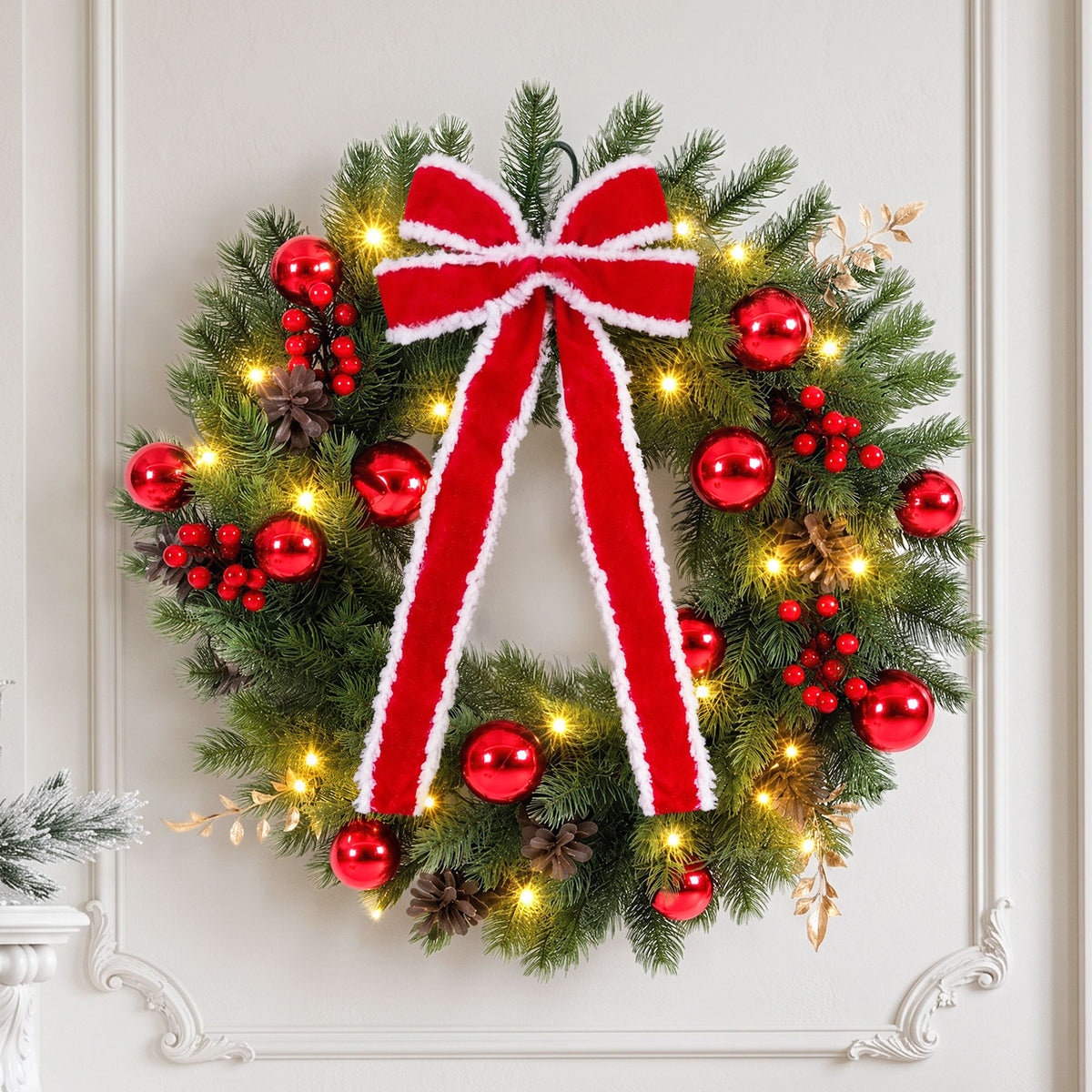 60cm Pre-lit Christmas Wreath Garlands LED Light Front Door Decor Bow Set