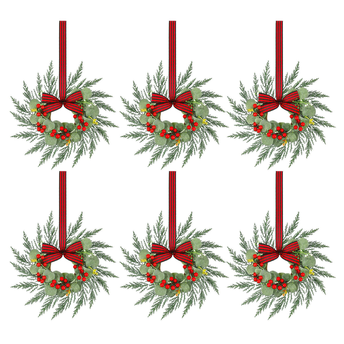 6x Christmas Wreath Garland 26cm Pre-lit Wreaths Red Berries Bow