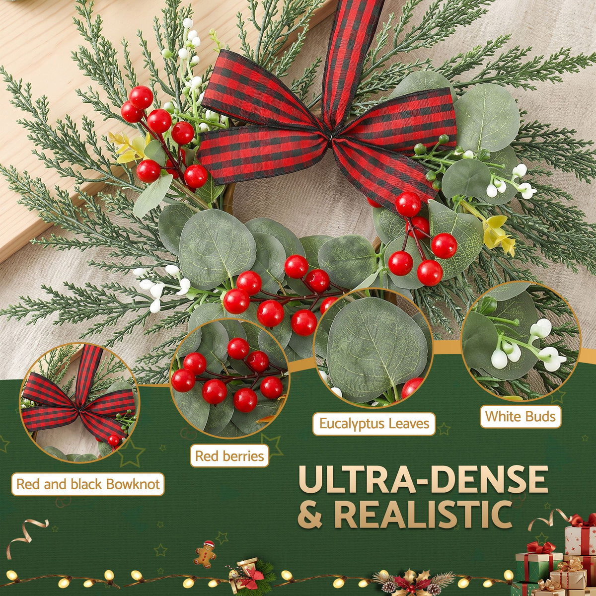6x Christmas Wreath Garland 26cm Pre-lit Wreaths Red Berries Bow