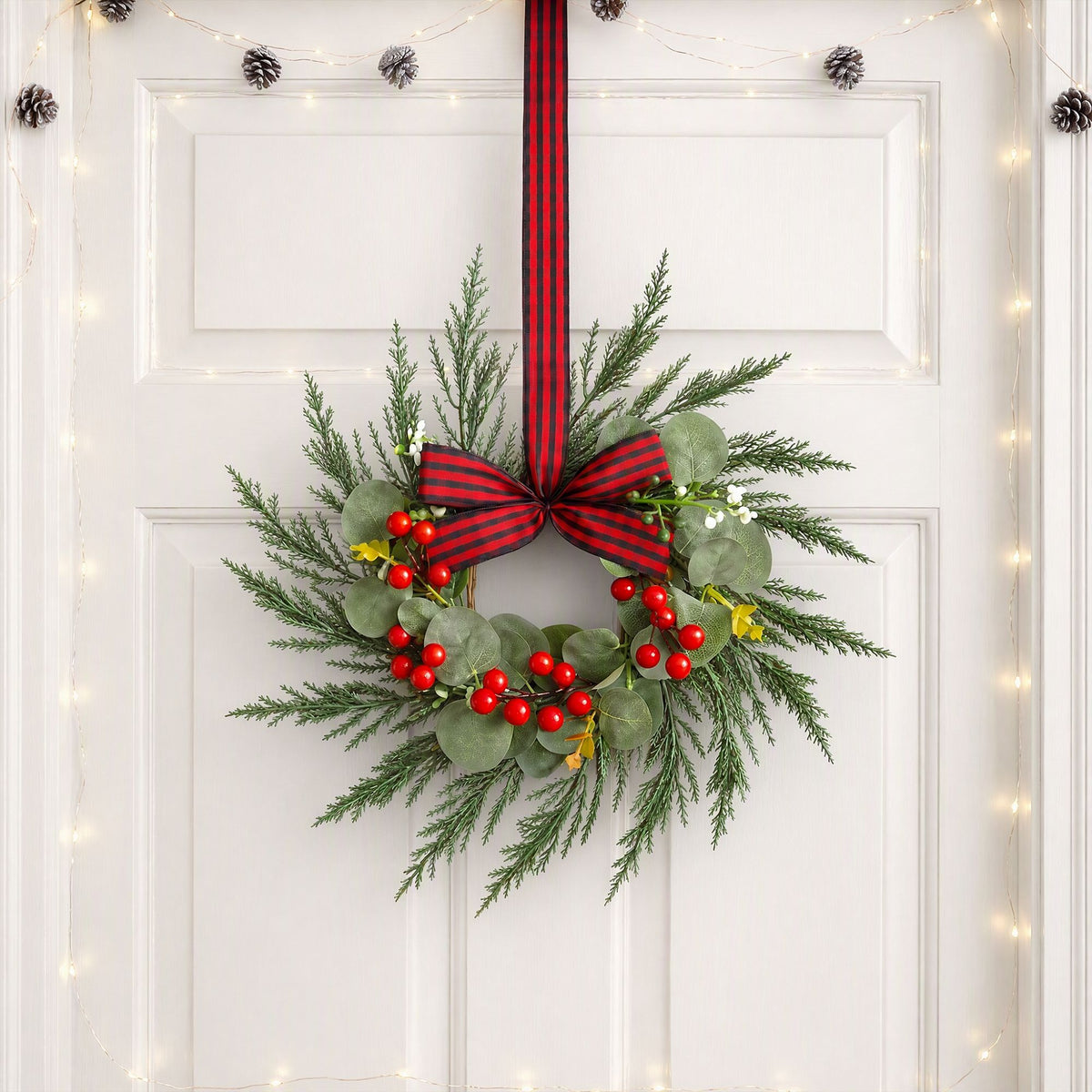 6x Christmas Wreath Garland 26cm Pre-lit Wreaths Red Berries Bow