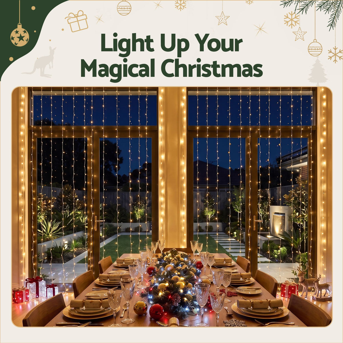 Jingle Jollys 3x3m Christmas Curtain Lights 300 LED Warm White USB 8 Mode Window