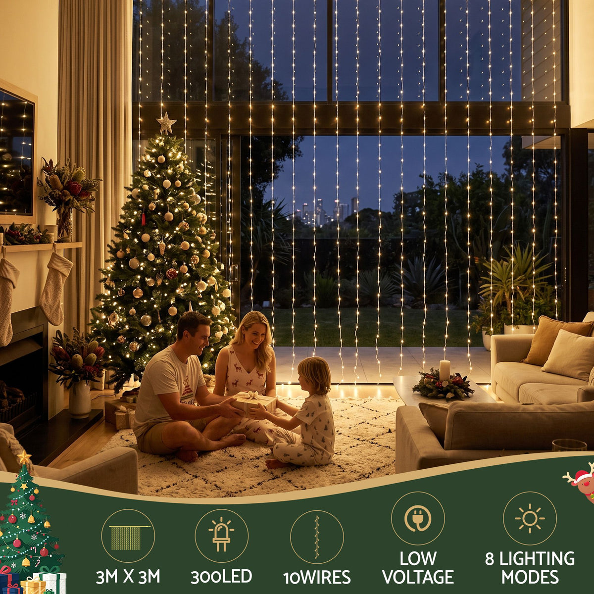 Jingle Jollys 3x3m Christmas Curtain Lights 300 LED Warm White USB 8 Mode Window