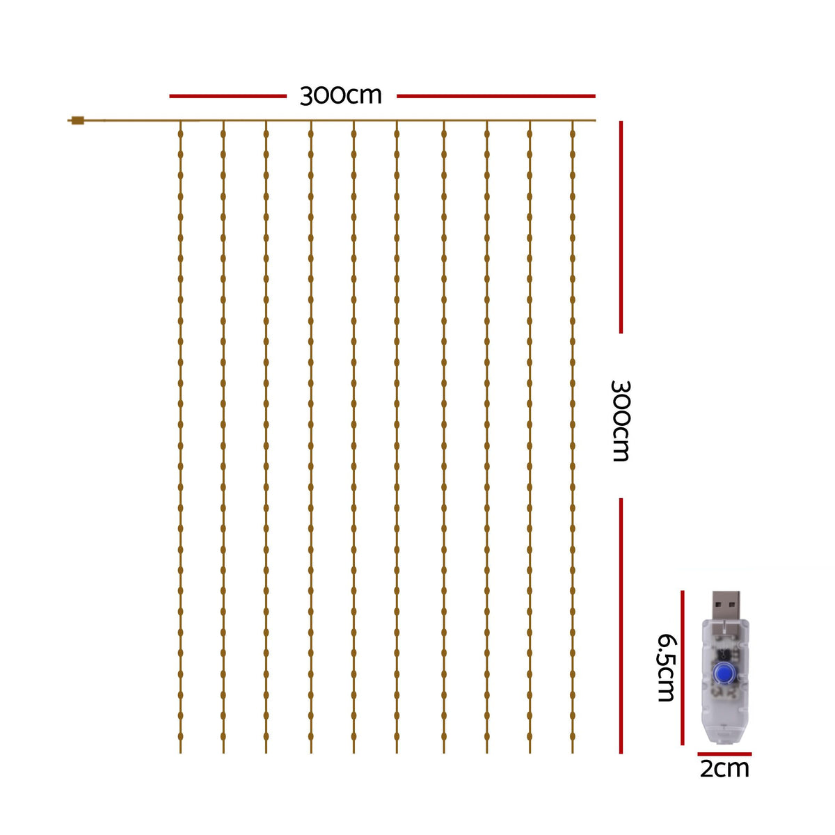 Jingle Jollys 3x3m Christmas Curtain Lights 300 LED Warm White USB 8 Mode Window