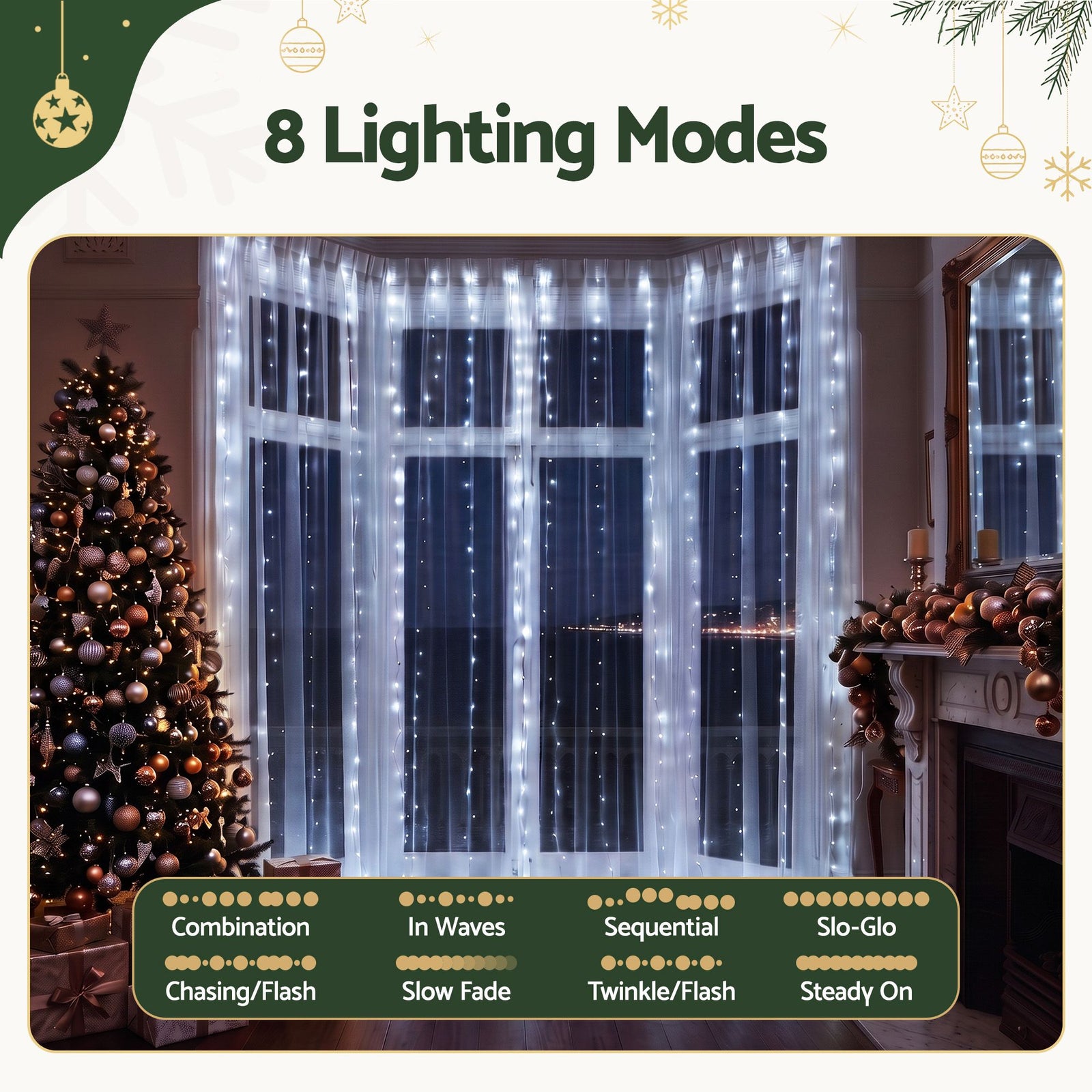 3X3M Christmas Lights Curtain String Light 300 LED Cool White