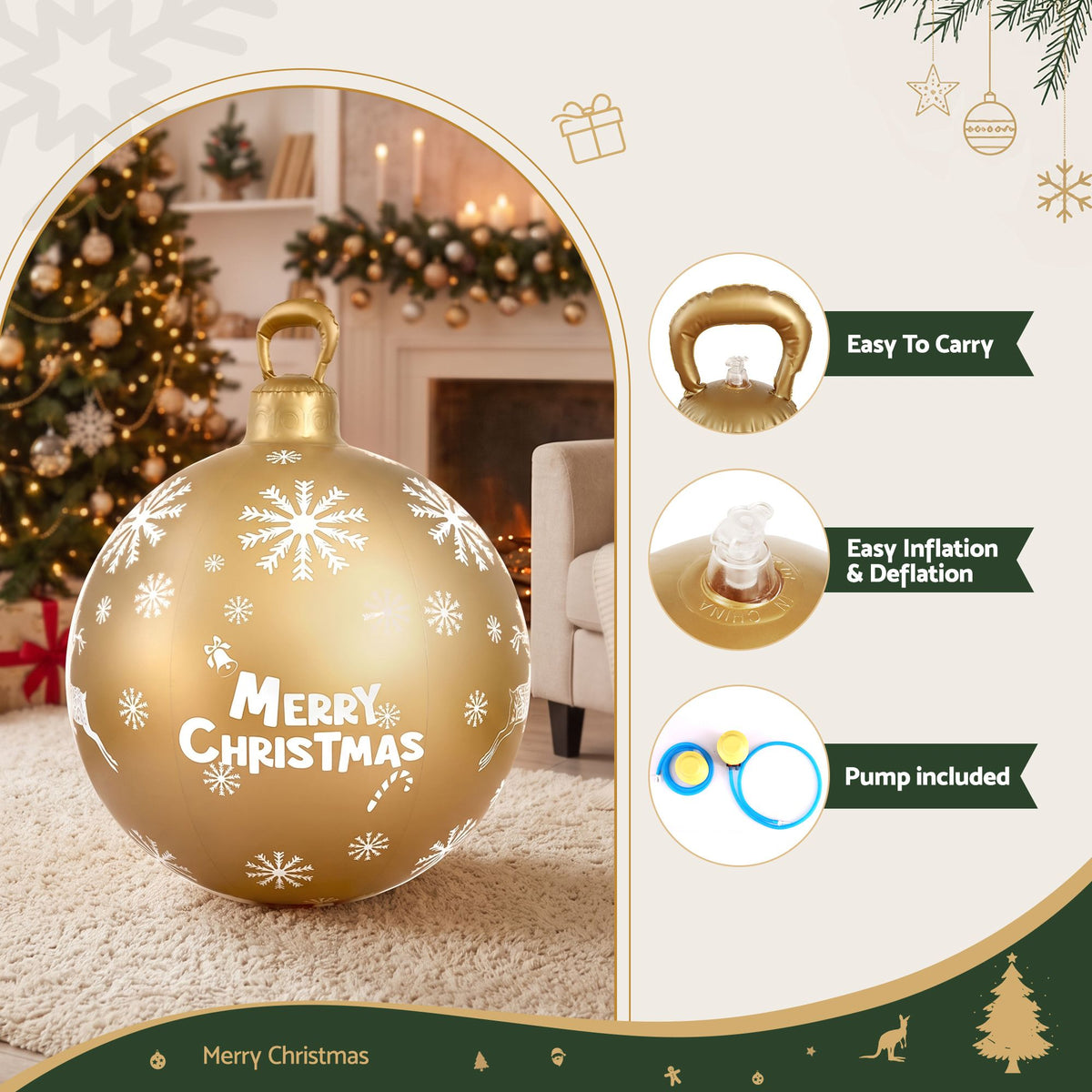 60cm Christmas Inflatable Bauble Ball Outdoor Decoration Gold with Pump