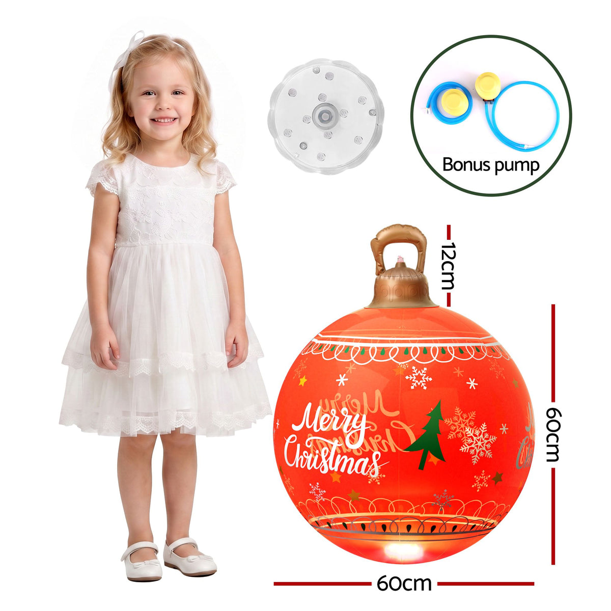 60cm Red Inflatable Merry Christmas Bauble Built In 7 Colour LED Light Pump