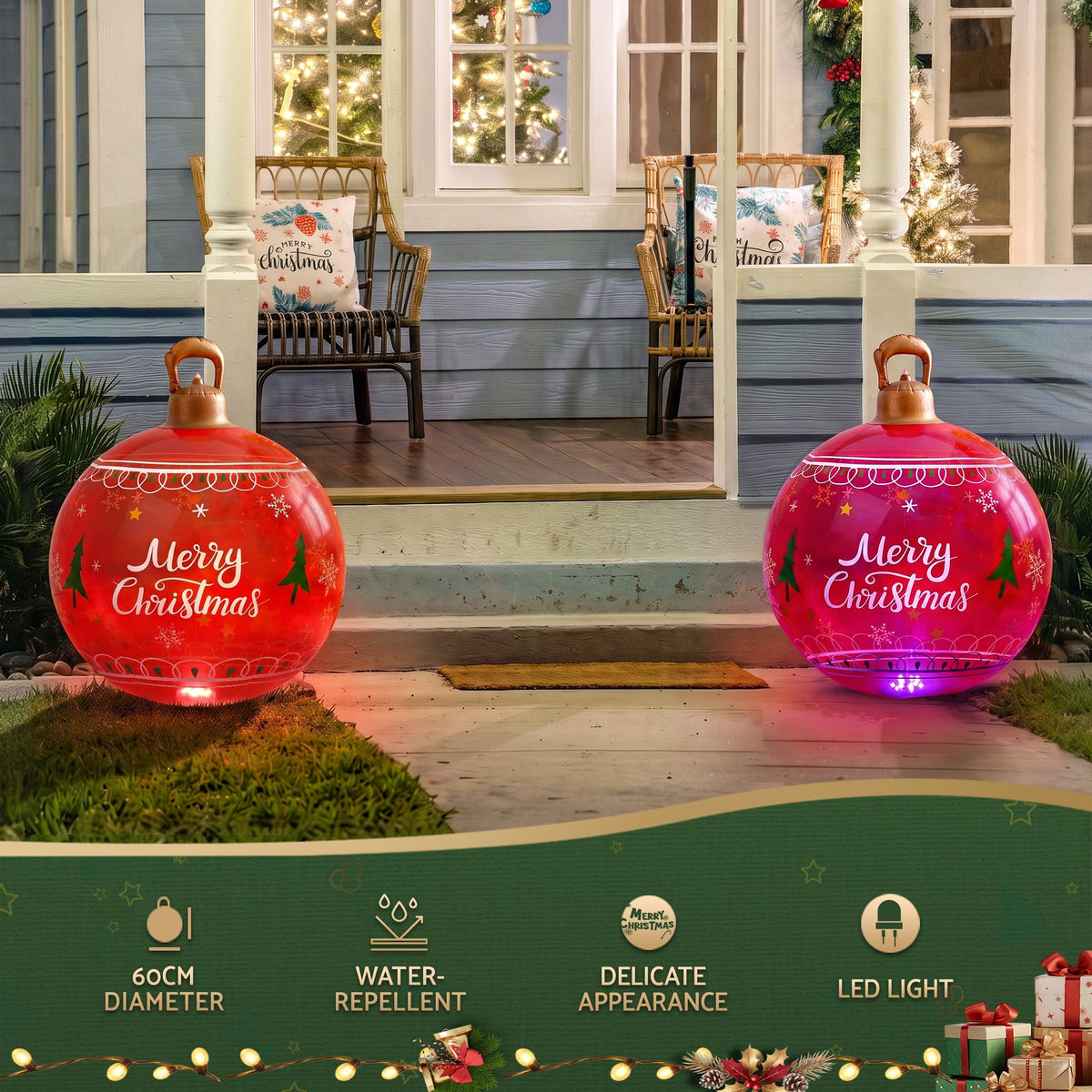 60cm Red Inflatable Merry Christmas Bauble Built In 7 Colour LED Light Pump