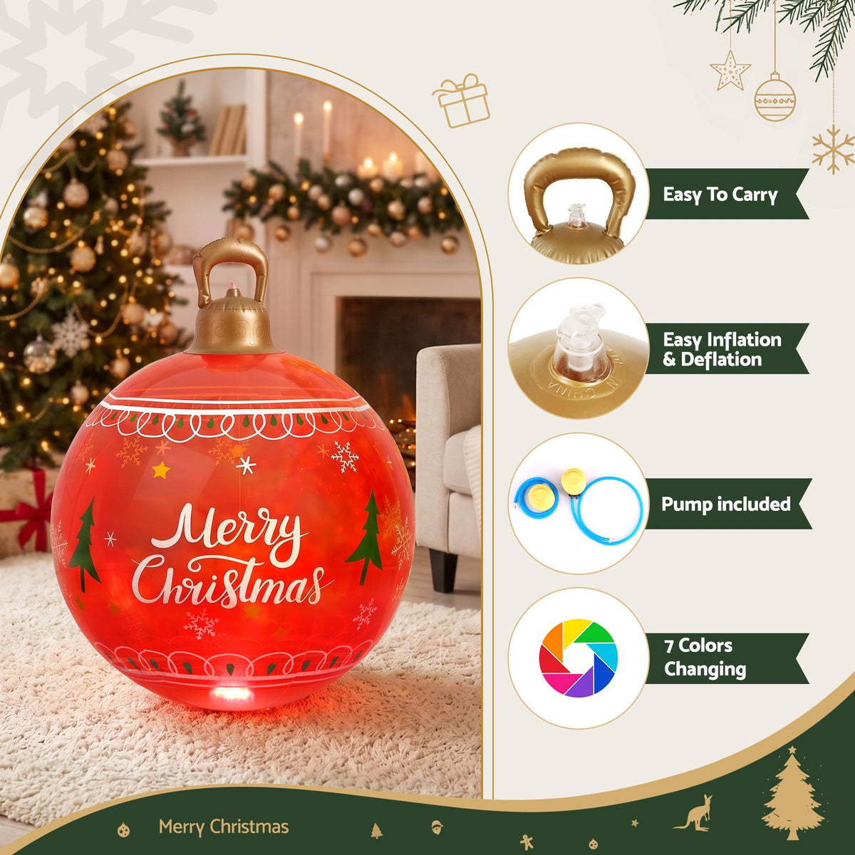 60cm Red Inflatable Merry Christmas Bauble Built In 7 Colour LED Light Pump