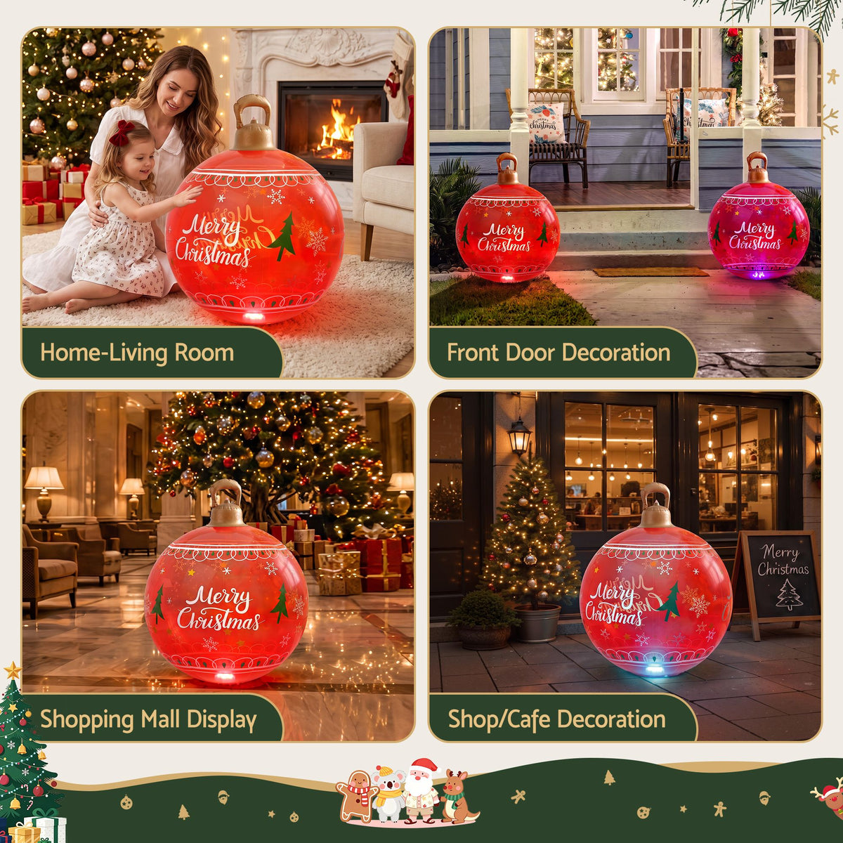 60cm Red Inflatable Merry Christmas Bauble Built In 7 Colour LED Light Pump