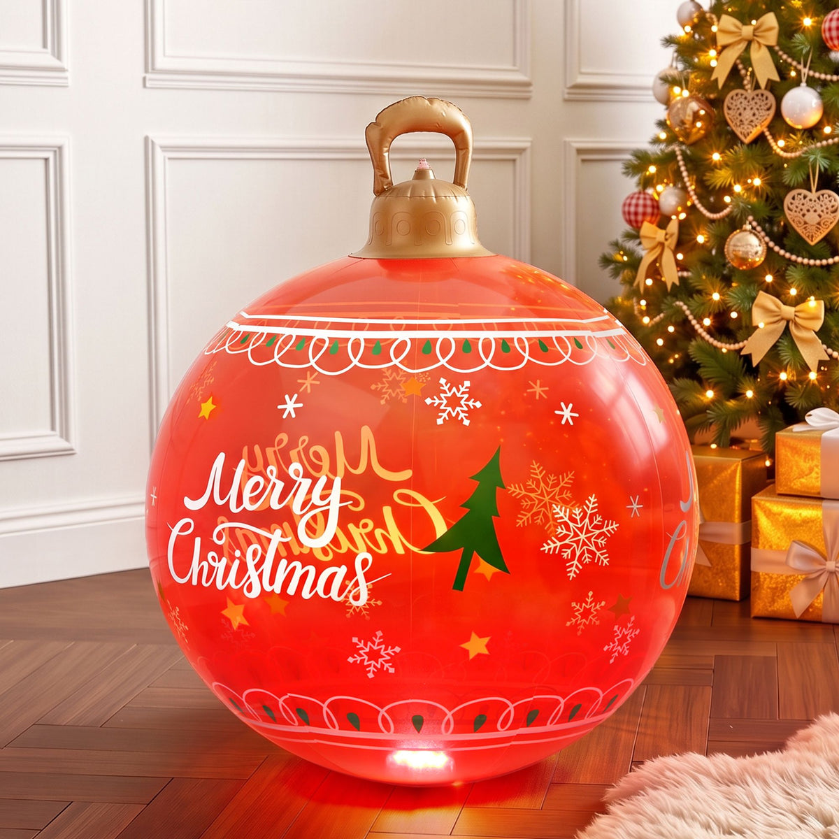 60cm Red Inflatable Merry Christmas Bauble Built In 7 Colour LED Light Pump