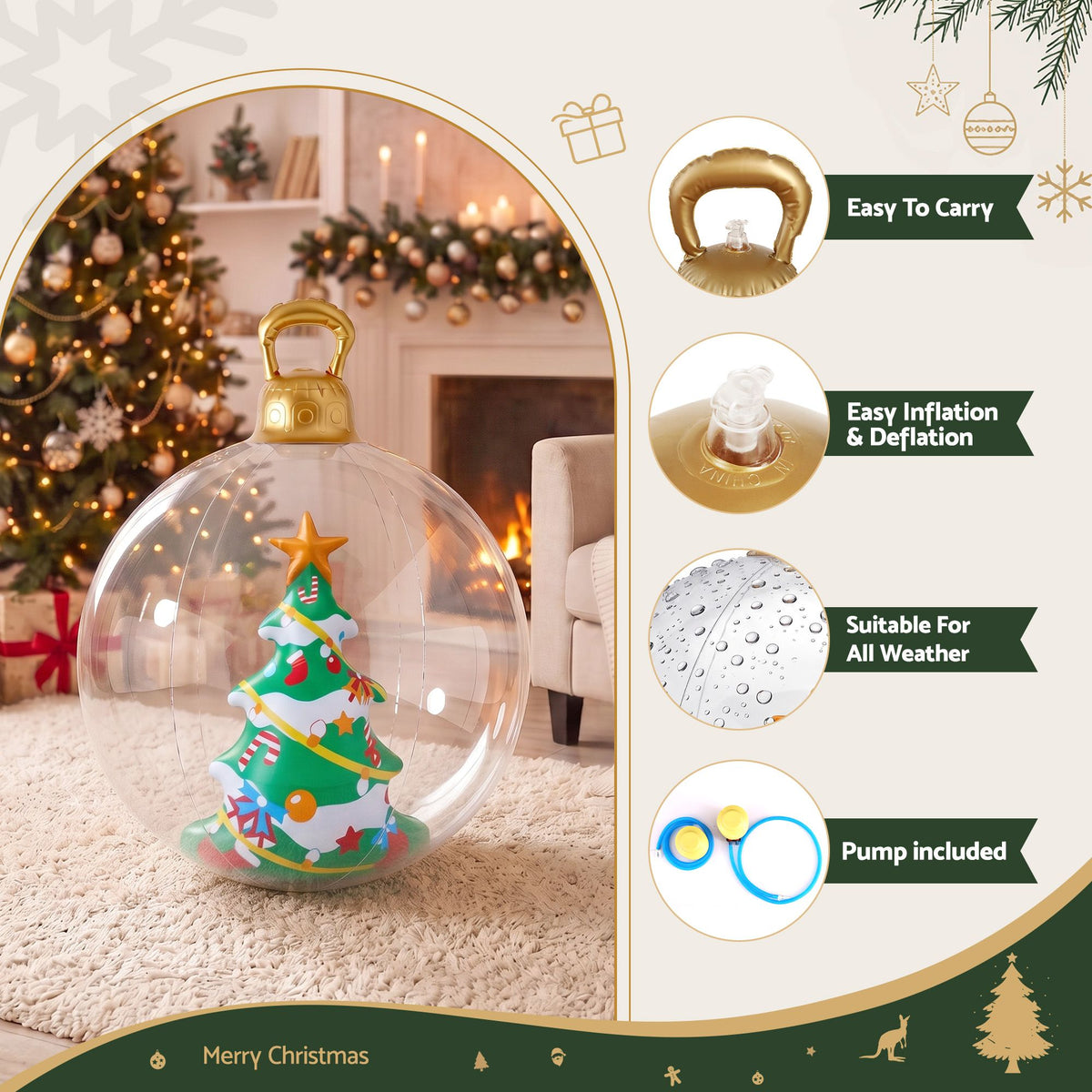 60cm Clear Inflatable Christmas Tree Bauble Water Repellent PVC with Pump