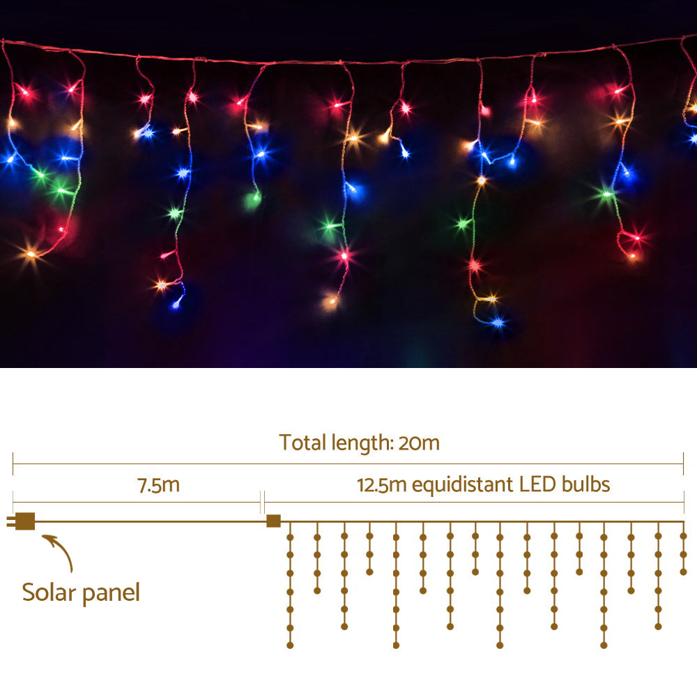 20M Solar Icicle Lights 500 LED Multi Colour Outdoor Fairy Lights