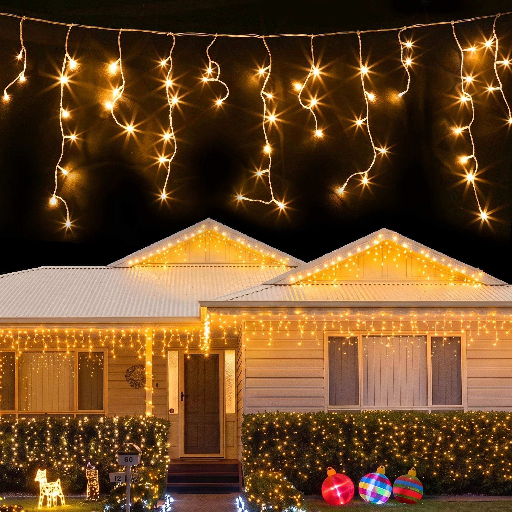 12.5M Solar Icicle Lights 500 LED Warm White Outdoor Fairy Lights