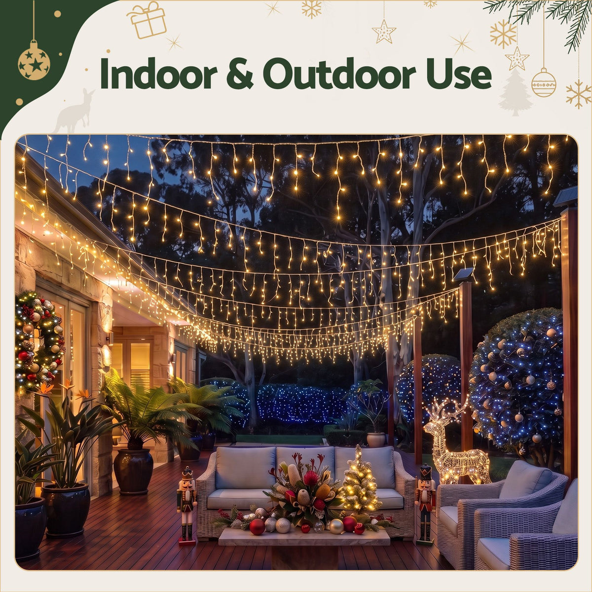 12.5M Solar Icicle Lights 500 LED Warm White Outdoor Fairy Lights