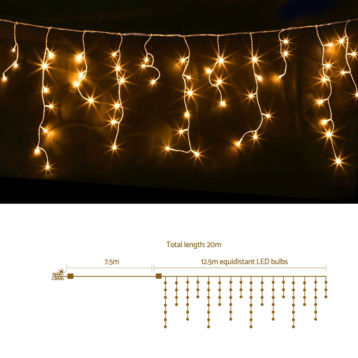 12.5M Solar Icicle Lights 500 LED Warm White Outdoor Fairy Lights