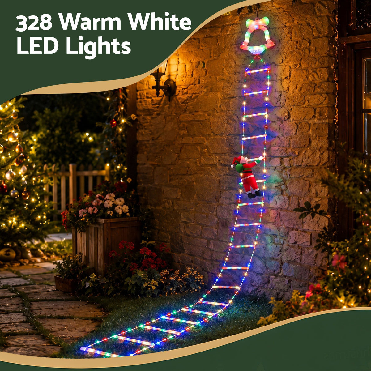 Jingle Jollys 3.5m Christmas Santa Ladder Lights 300 LED Multicolour 8 Modes