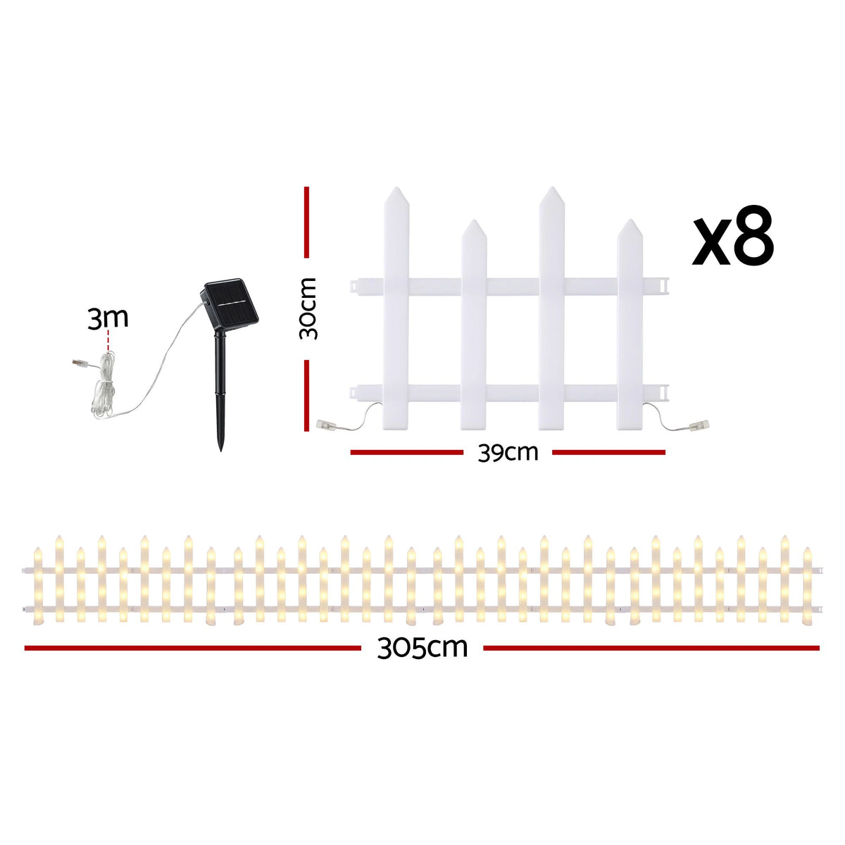3m Solar Christmas Fence Lights Outdoor Garden Path Decor Warm White 8pc