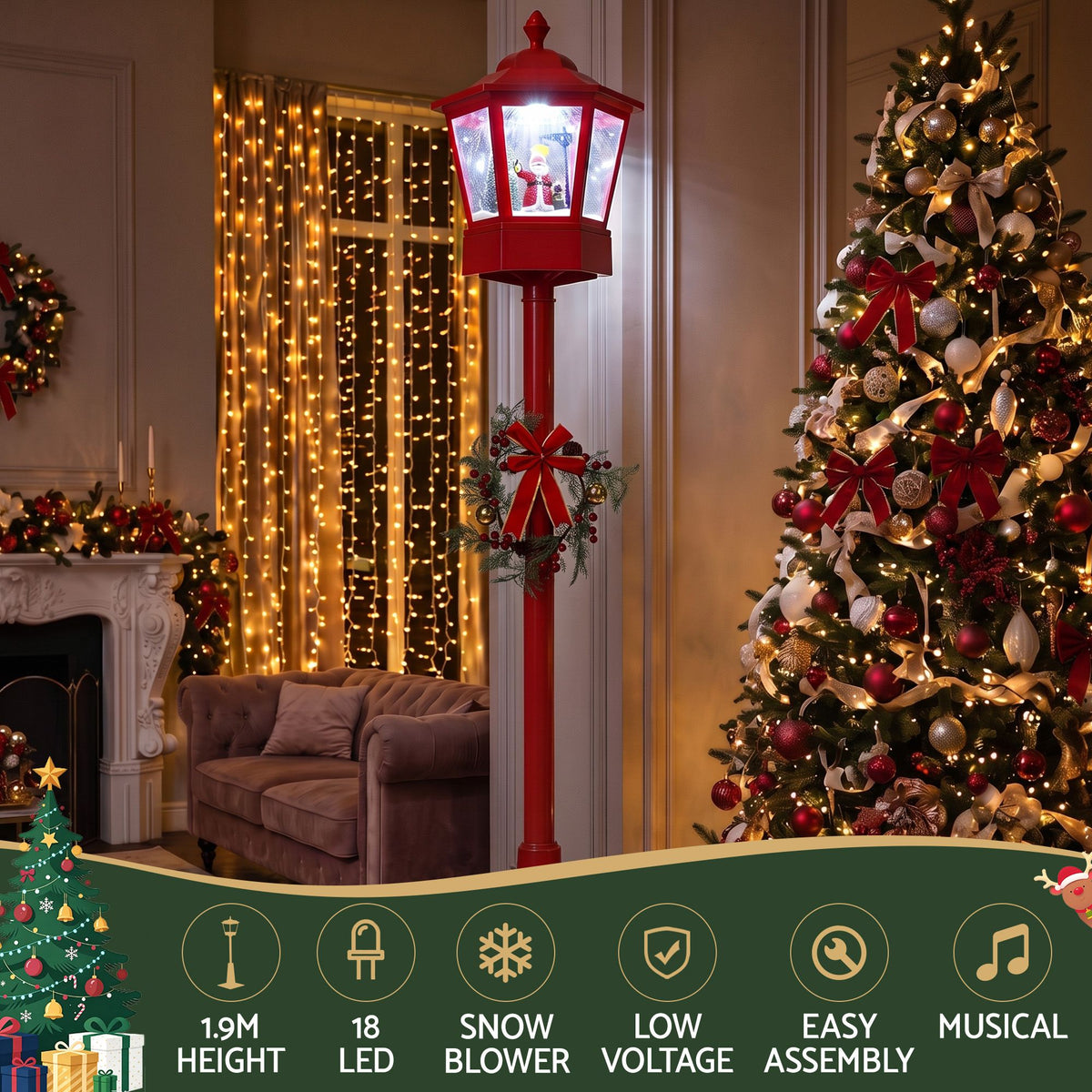1.8M Christmas LED Lamp Post Decoration with Music & Snowfall Effect
