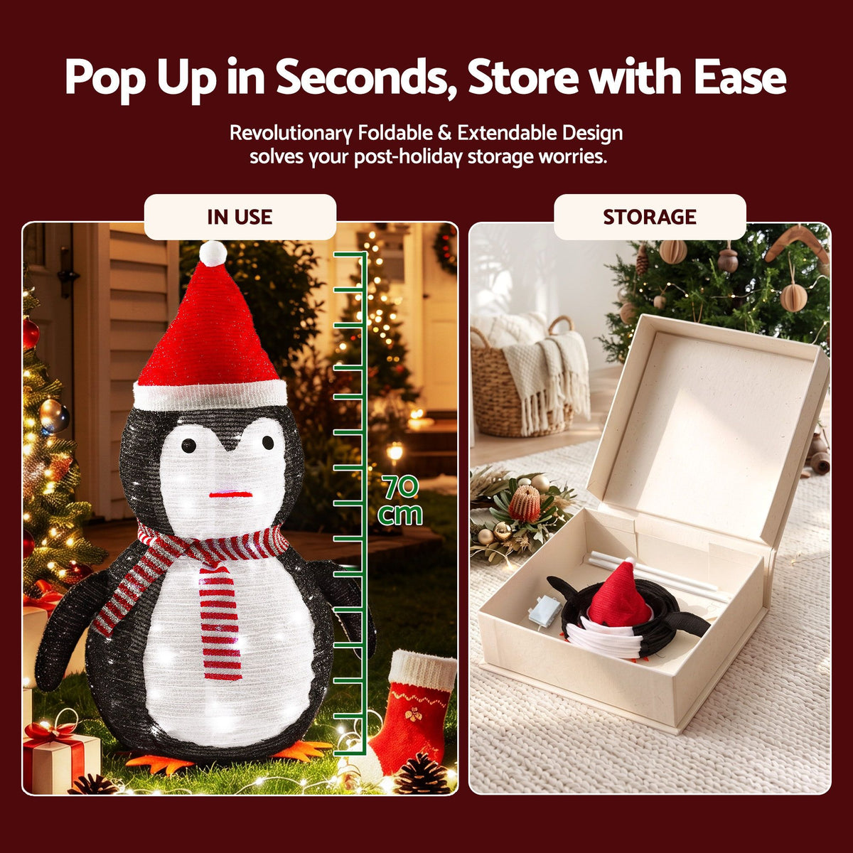 Jingle Jollys Christmas Penguin Light 70cm Pop Up LED Display 45 LEDs 8 Modes