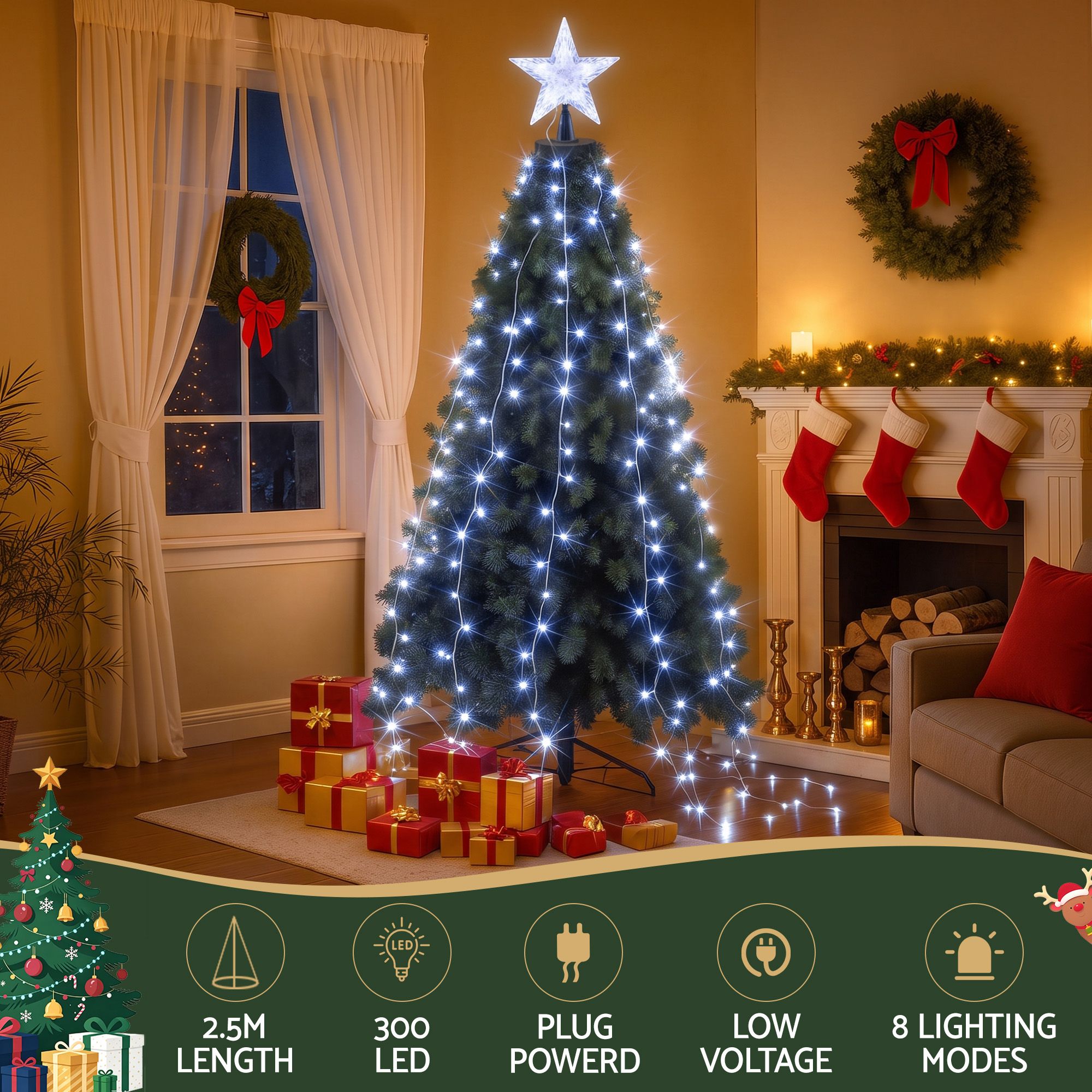 2.5m Christmas Tree Lights Tree Topper Waterfall Fairy Lights White Set