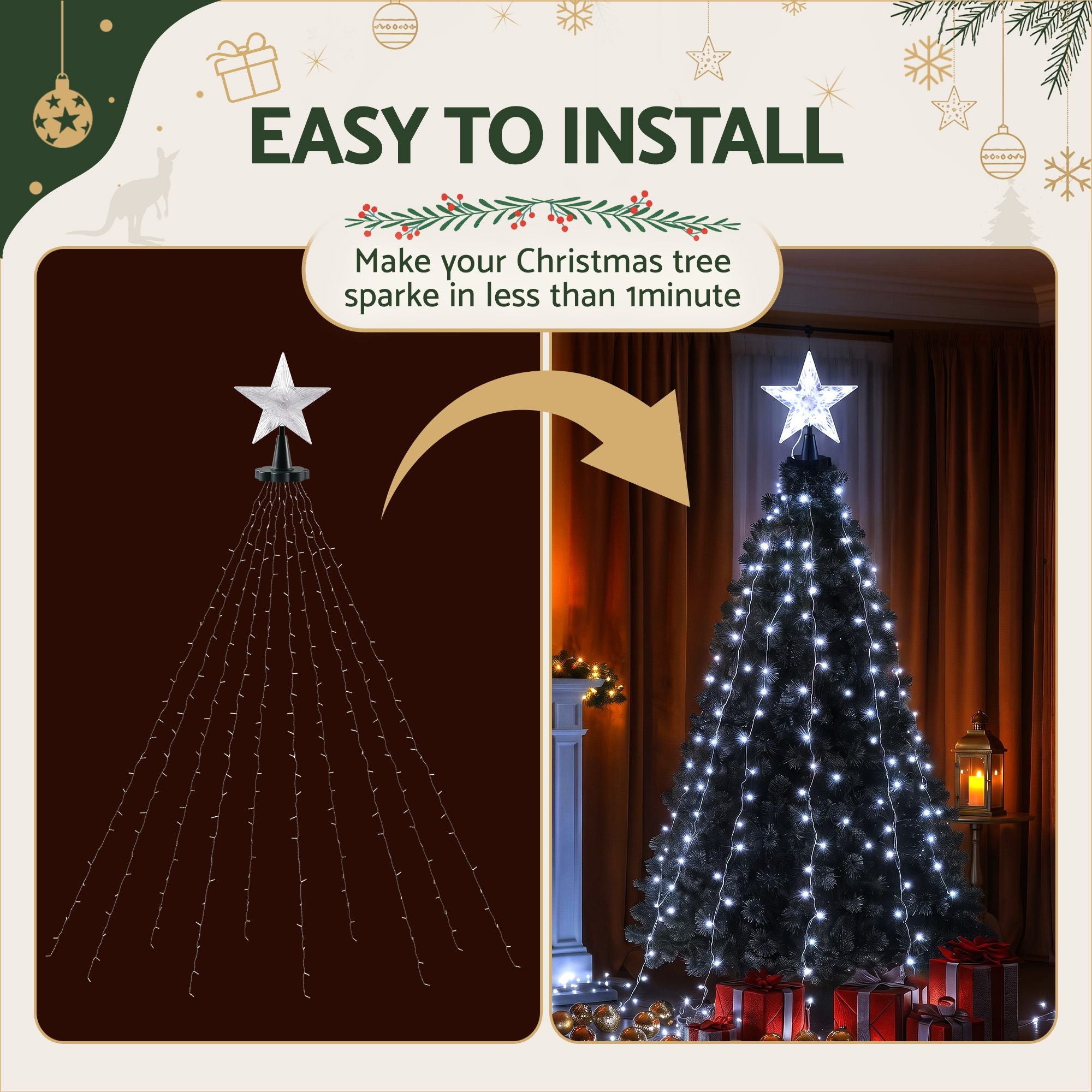 2.5m Christmas Tree Lights Tree Topper Waterfall Fairy Lights White Set