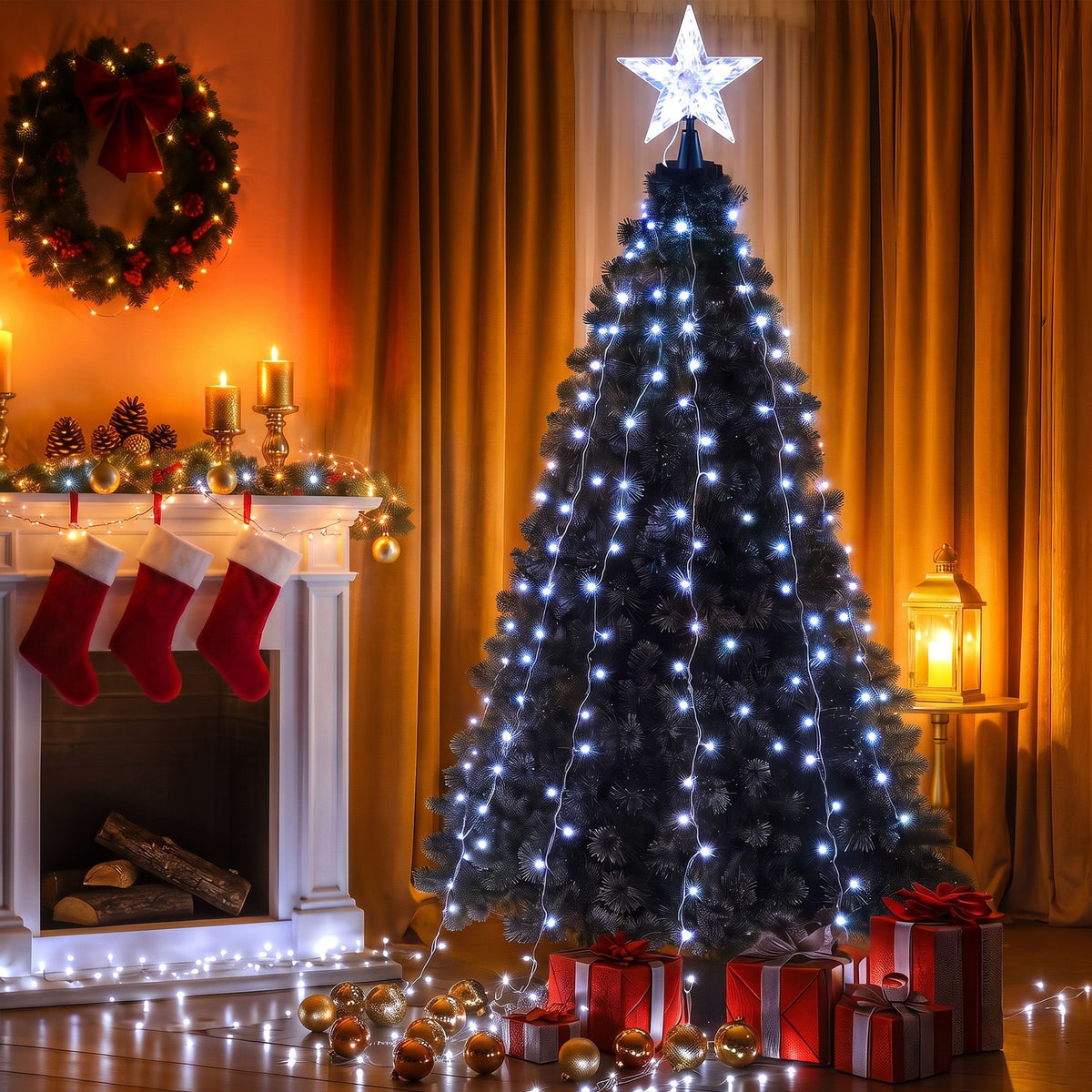2.5m Christmas Tree Lights Tree Topper Waterfall Fairy Lights White Set