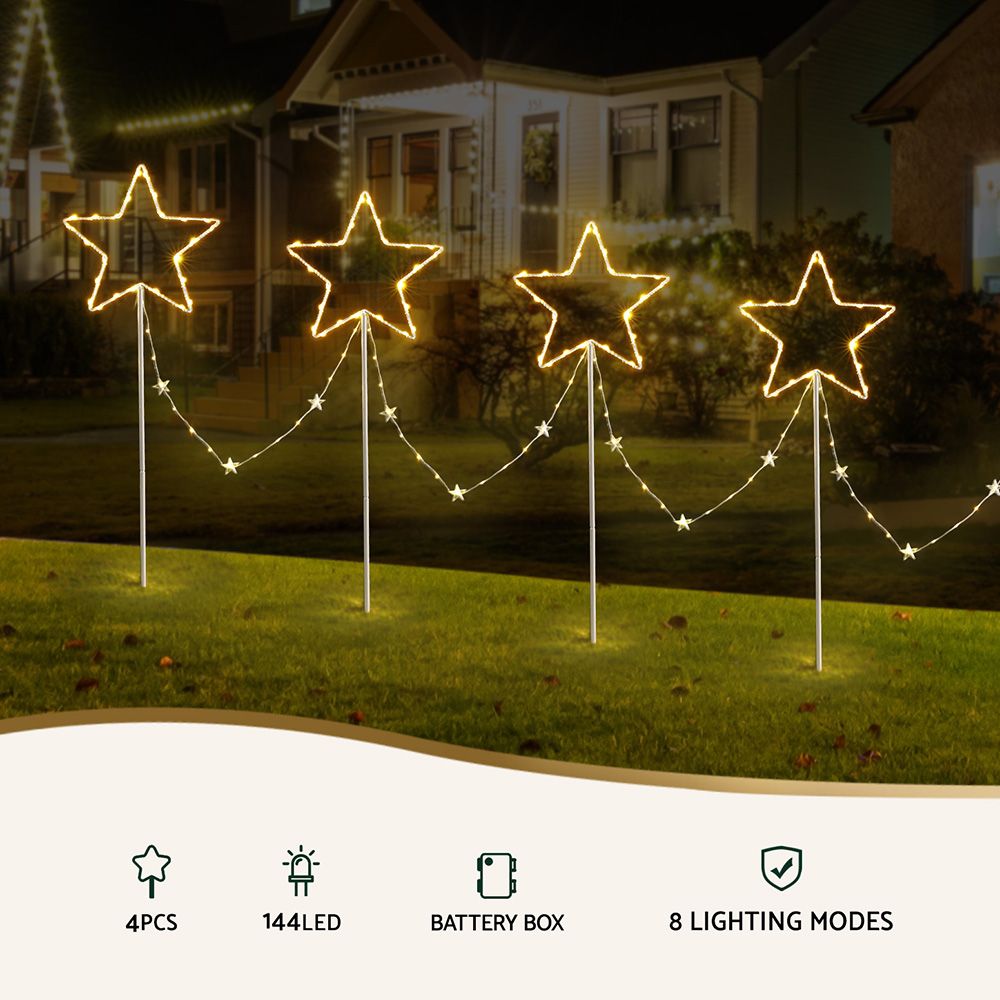 4pc Christmas Star Path Ground Lights, 144 LED Warm White Garden Decor