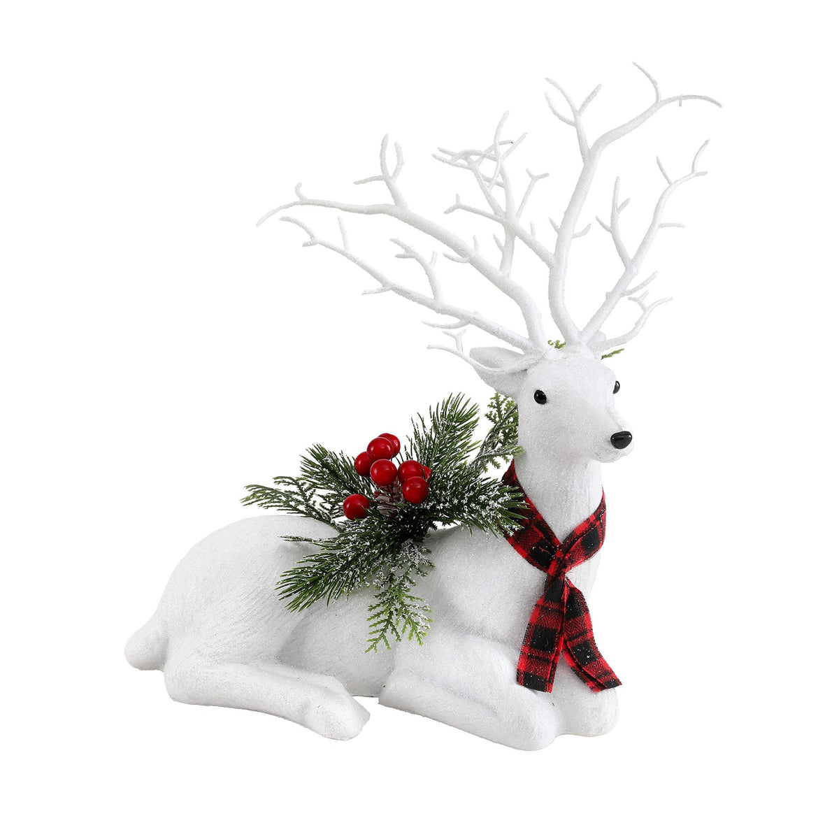 32cm White Lying Christmas Reindeer Silver Glitter Scarf Berries Pine Decor
