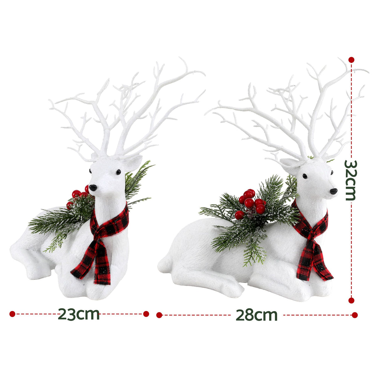 32cm White Lying Christmas Reindeer Silver Glitter Scarf Berries Pine Decor