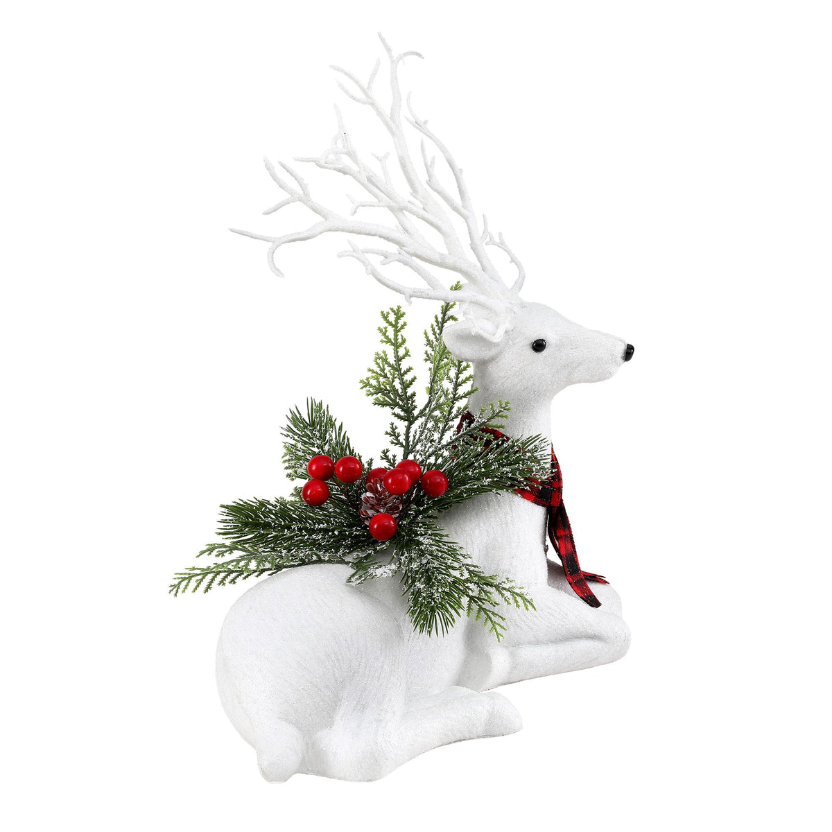 32cm White Lying Christmas Reindeer Silver Glitter Scarf Berries Pine Decor