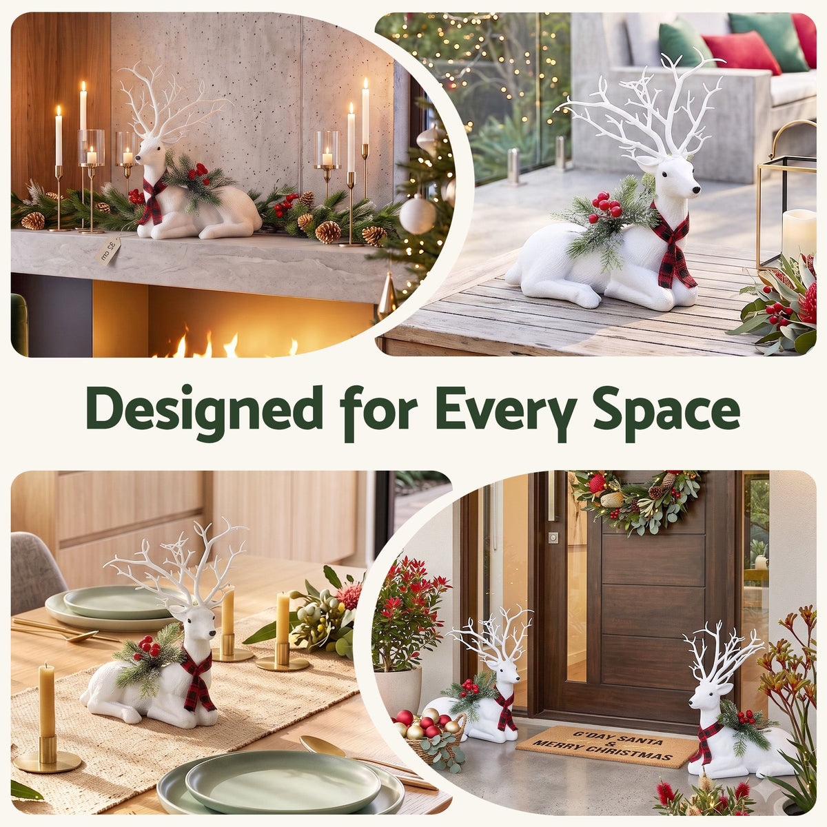 32cm White Lying Christmas Reindeer Silver Glitter Scarf Berries Pine Decor