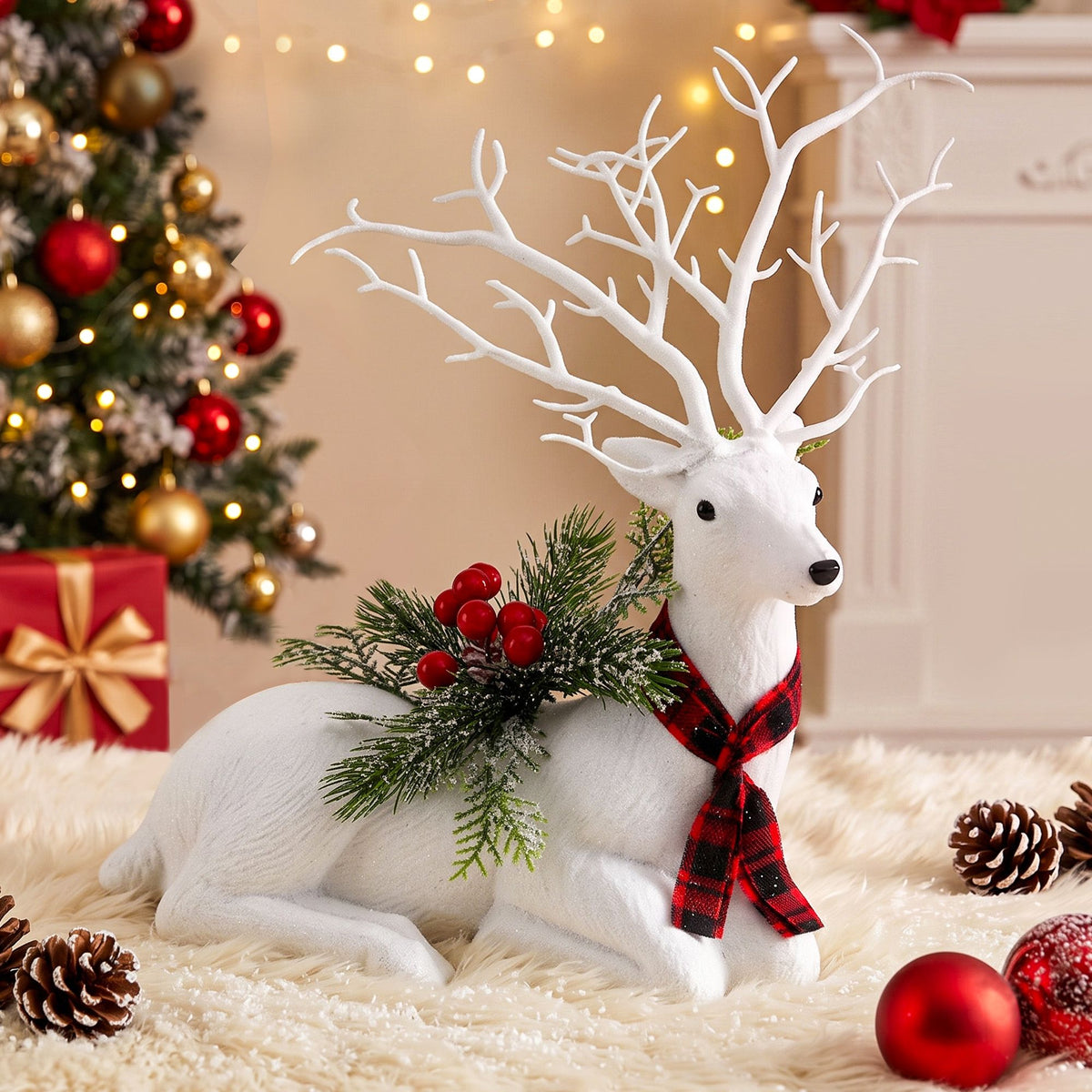 32cm White Lying Christmas Reindeer Silver Glitter Scarf Berries Pine Decor