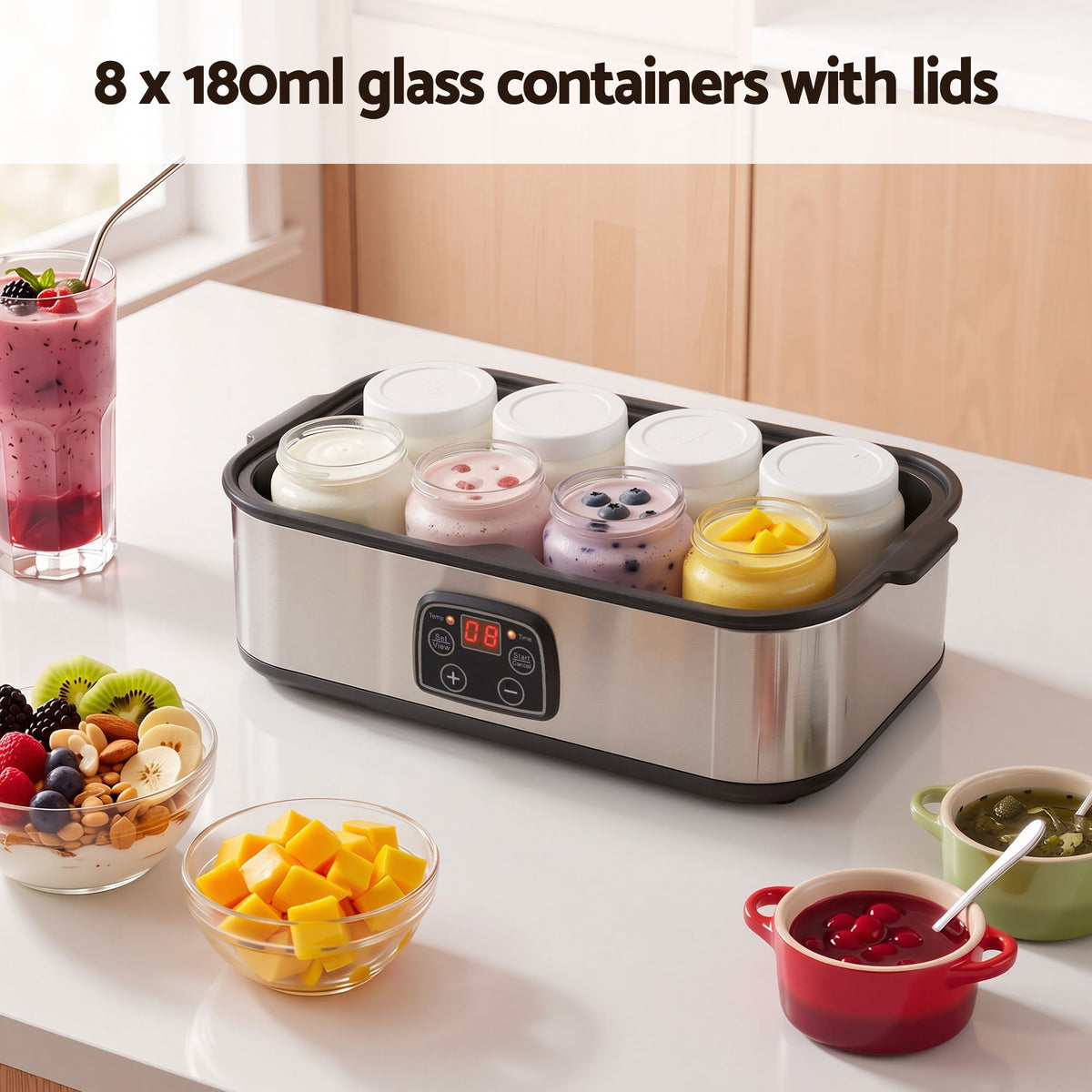Devanti Yoghurt Maker Machine 8x180ml Glass Jars Digital Temp Control Black