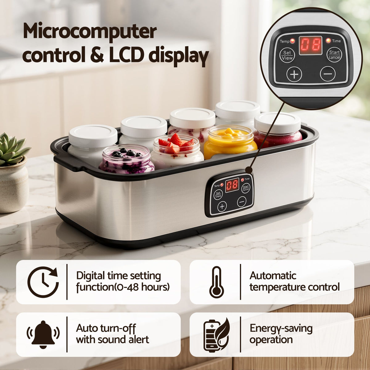 Devanti Yoghurt Maker Machine 8x180ml Glass Jars Digital Temp Control Black