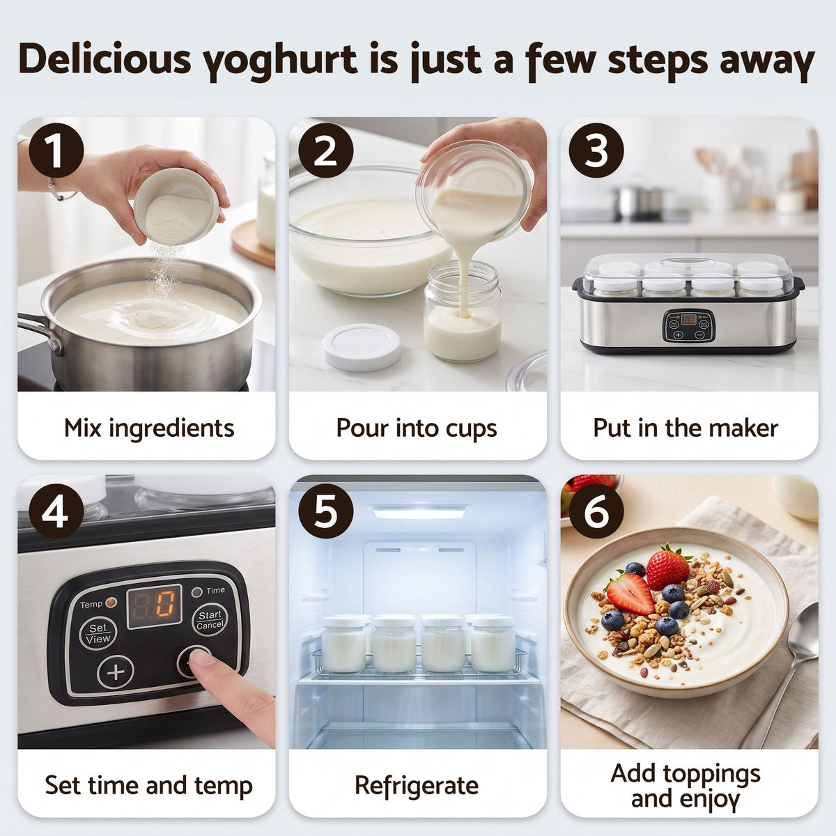 Devanti Yoghurt Maker Machine 8x180ml Glass Jars Digital Temp Control Black