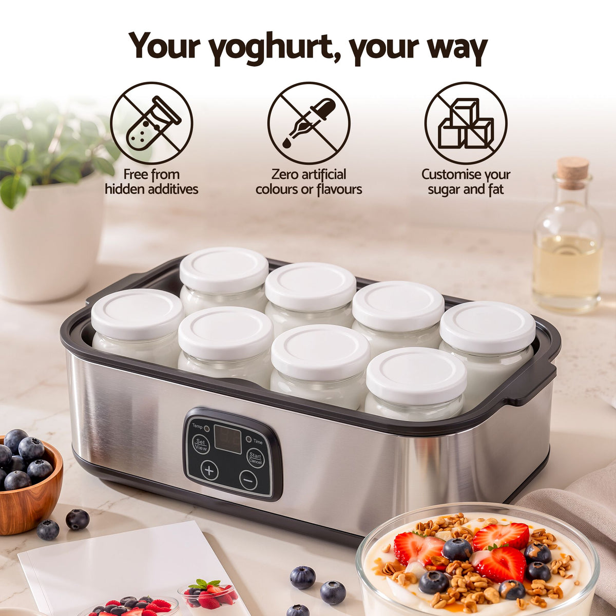Devanti Yoghurt Maker Machine 8x180ml Glass Jars Digital Temp Control Black