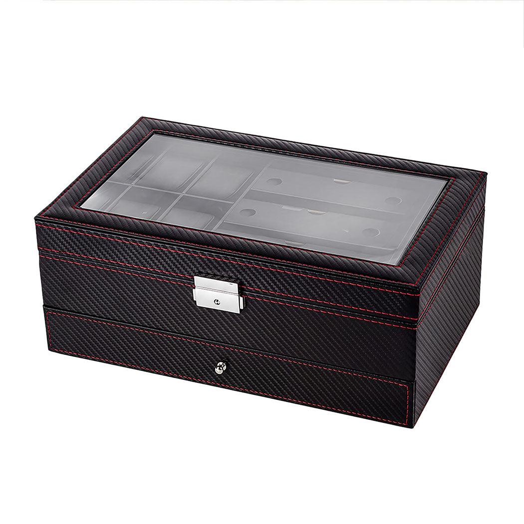 Watch Box 6 Slot Watch Case Jewellry Box PU Leather with Drawer Black-2100034976140627968