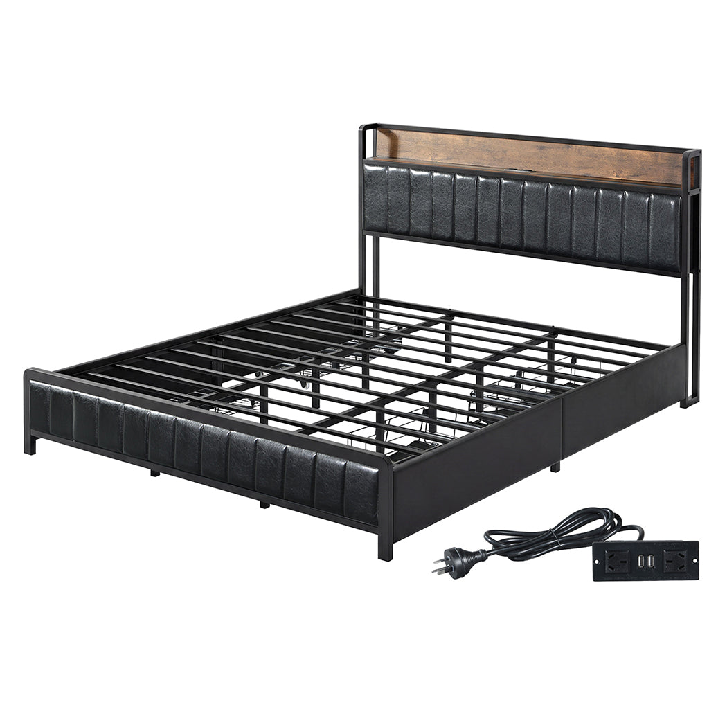 Levede King Bed Frame PU Mattress Base Storage Drawer Headboard USB Charge-2100034936097607680