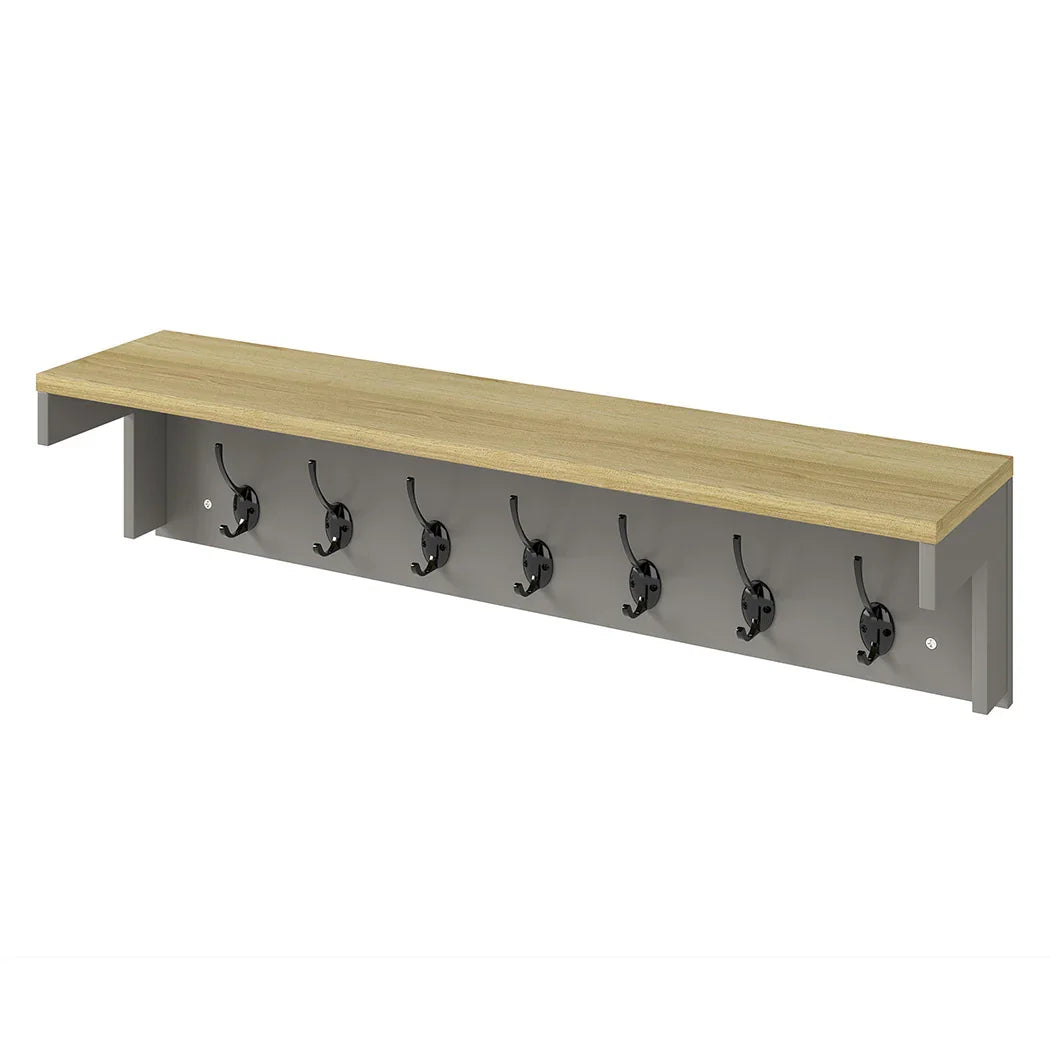 Levede Coat Rack Wall Mounted Shelf 7 Double Hooks Storage Entryway Hallway Grey-2050056761989271552