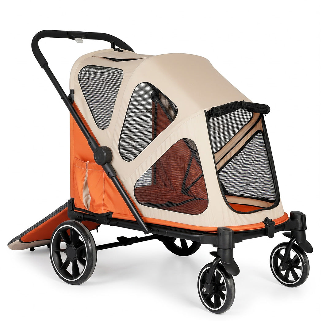 PaWz Dog Stroller Pet Pram Fold Shock Absorbing Wheels Outdoor Travel Orange-2100034992682962944