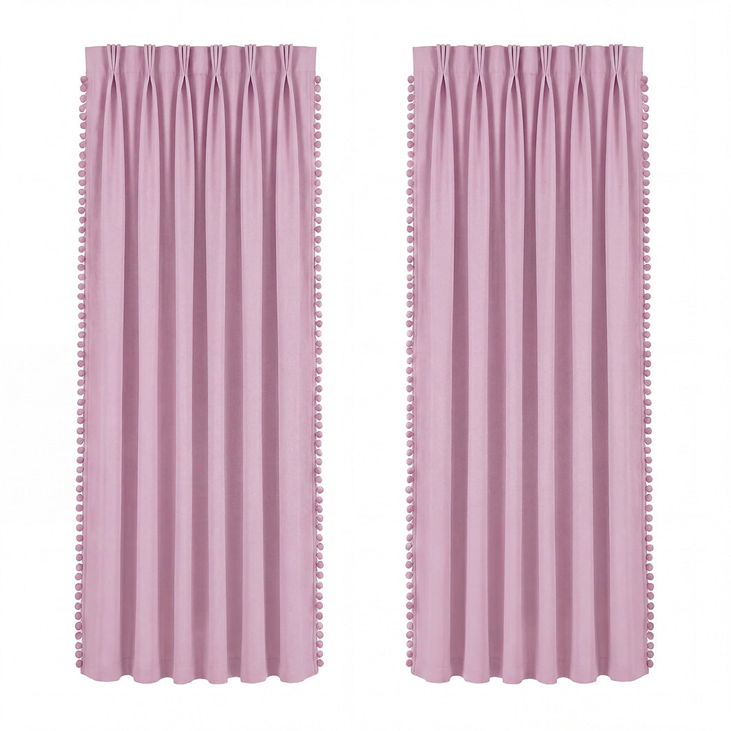 Marlow Blackout Curtains Pink 2 Panels Thermal Insulated Pom Pom 132cm x 160cm-2072893563976421376
