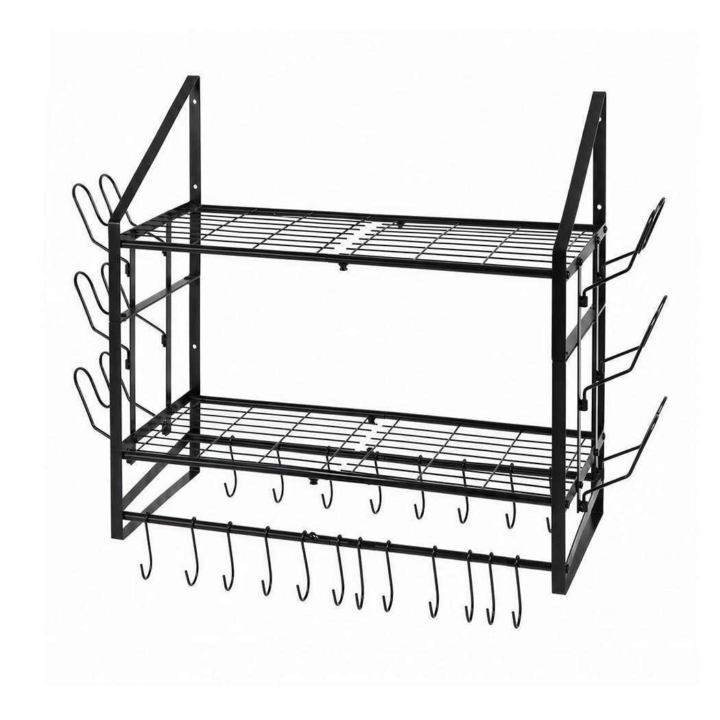 Toque Pot Rack Wall Mounted 2 Tier Hanging Cookware Organizer 20 Hooks Pan Rack-2072893580028022784