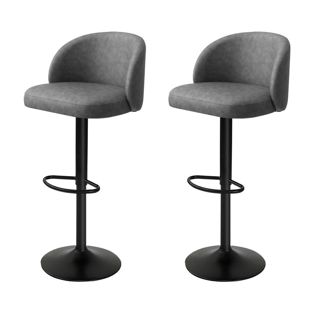 2x Bar Stools Gas Lift PU Leather Footrest Swivel Adjustable Kitchen Grey