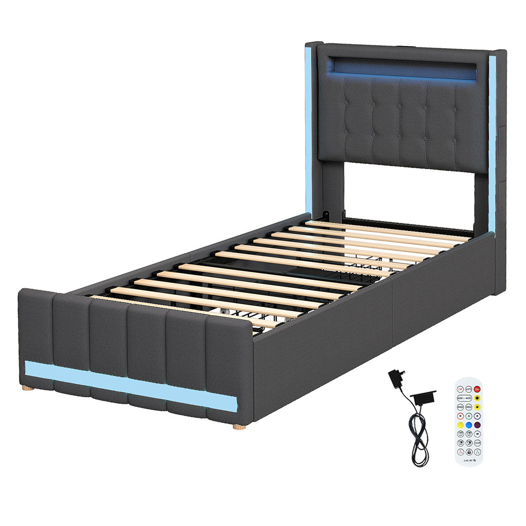 Levede Single Bed Frame Fabric Storage Drawer LED USB-2006733382138073088