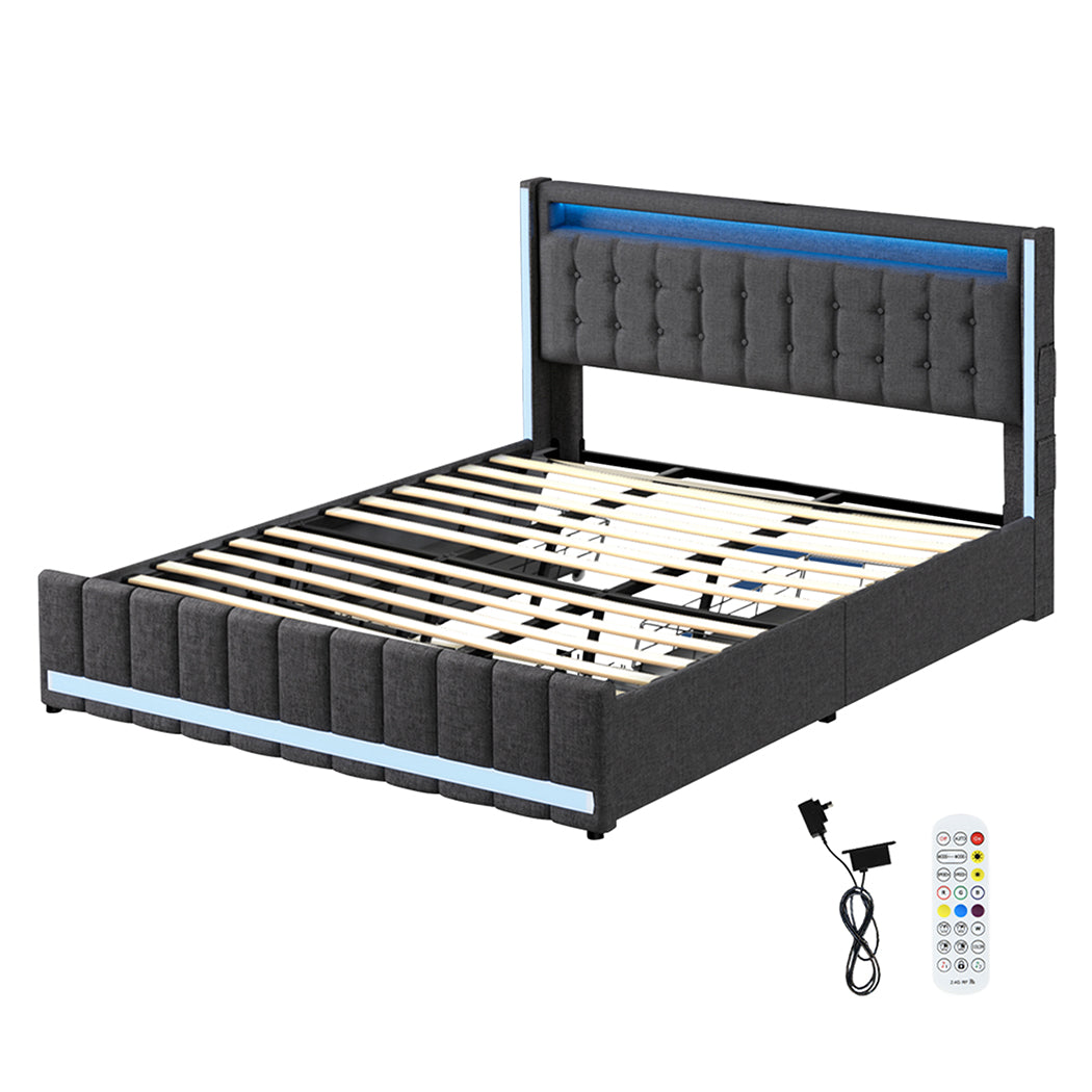 Levede King Bed Frame Fabric Storage Drawer LED USB-2029387305961263104
