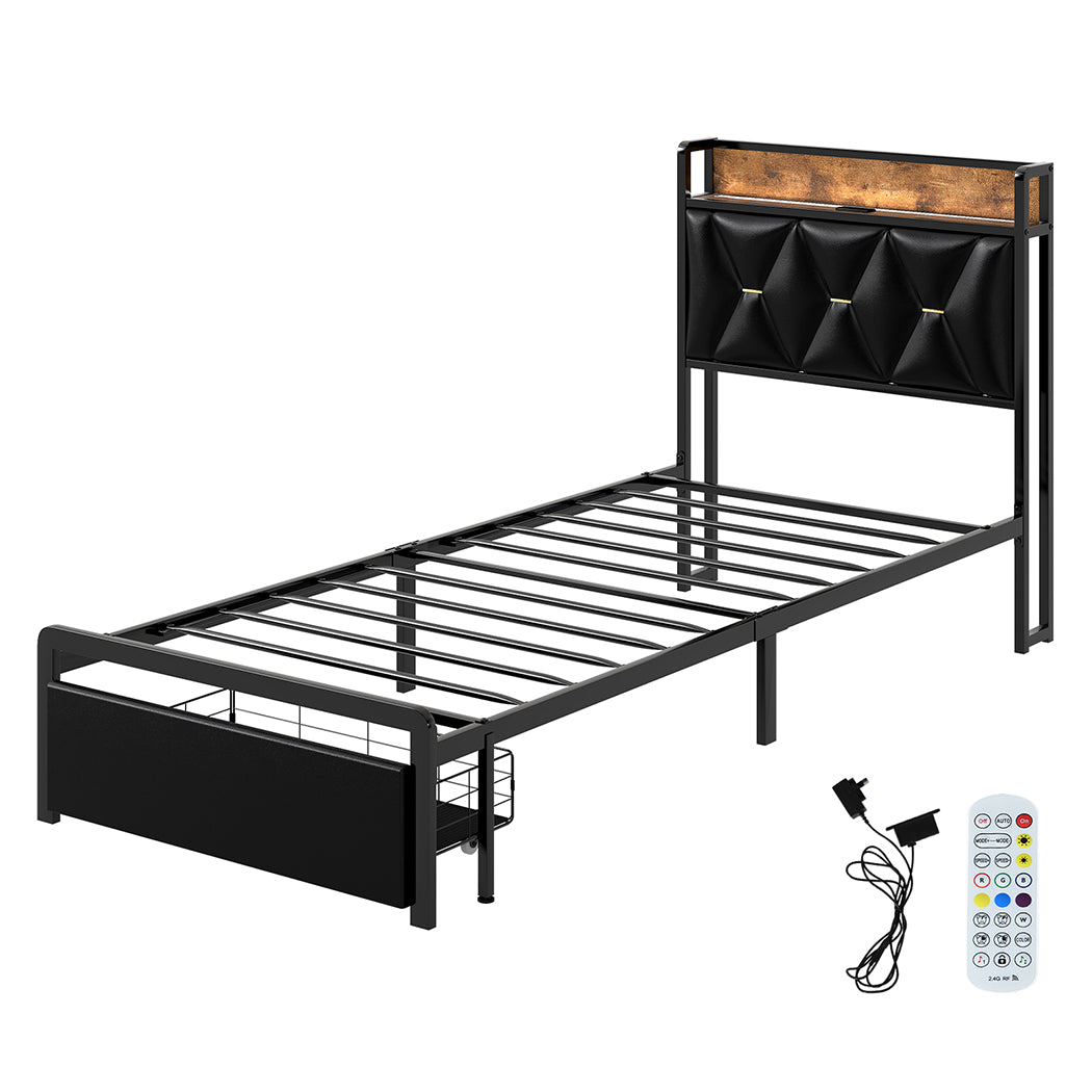 Levede Single Bed Frame Leather Headboard RGB 2 Drawers-1996009957056712704