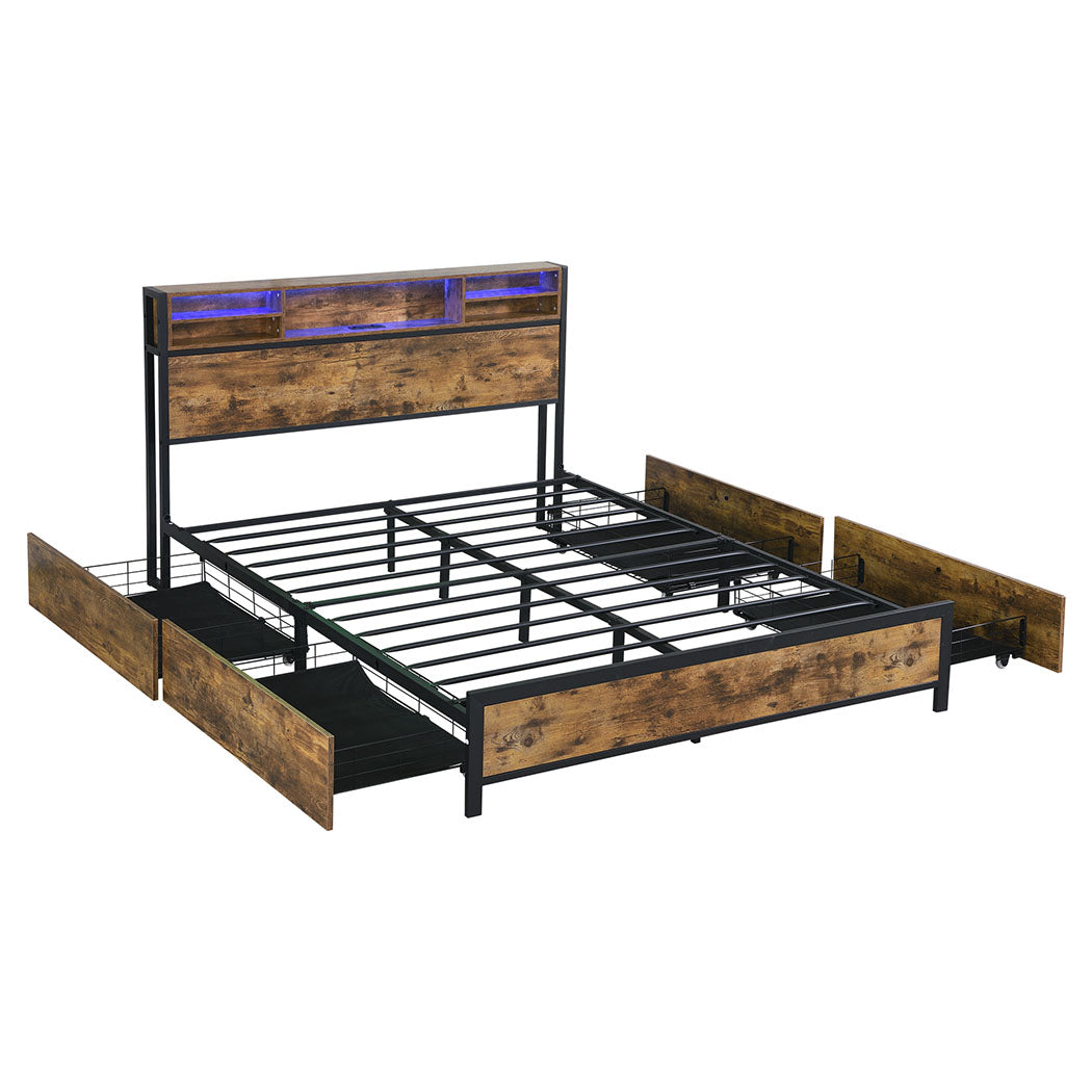 Industrial Bed Frame RGB LED Storage Headboard USB Charge Drawers Double