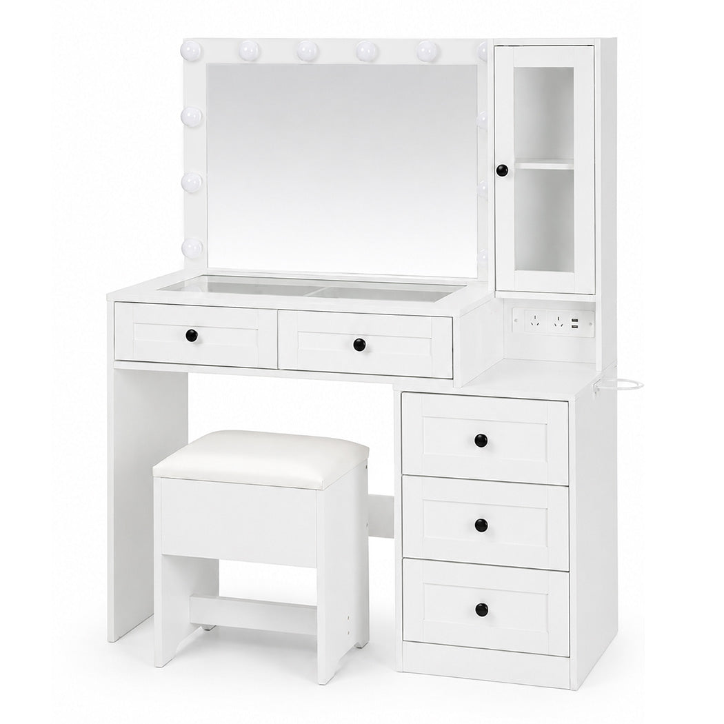 Levede Dressing Table Vanity Desk with LED Mirror 5 Drawers Charging White-2100035036114980864