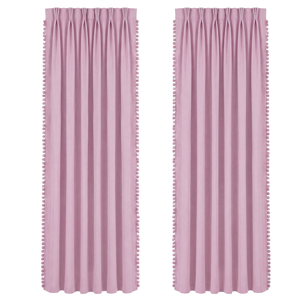 Marlow Blackout Curtains Pink 2 Panels Thermal Insulated Pom Pom 132cm x 213cm-2072893564165165056