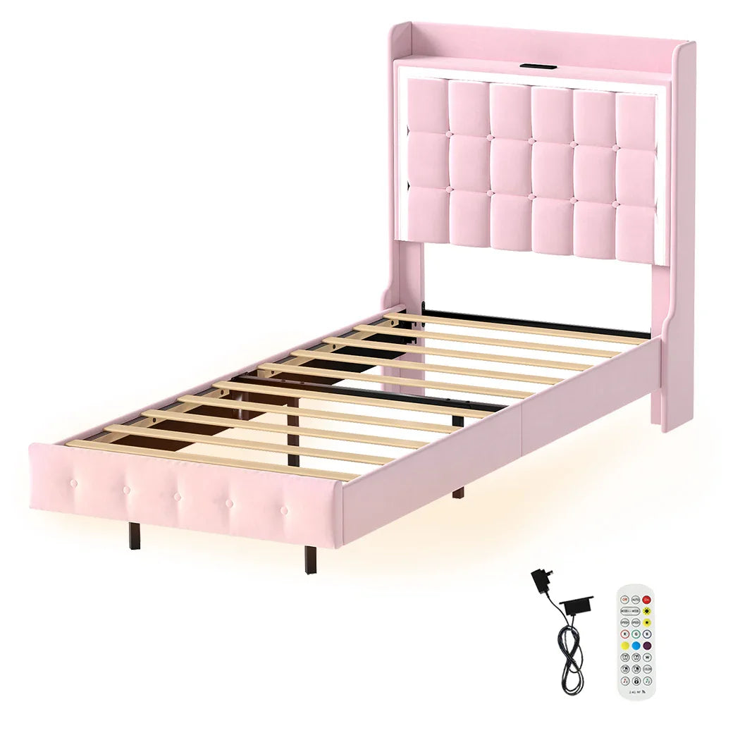 Levede Single Floating Bed Frame LED Headboard USB Pink-2050056739402944512